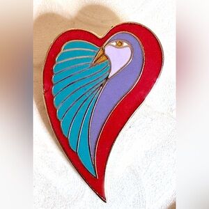 Vintage "Dove Heart" Enamel Pin by Laurel Burch with Gold-Tone Backing ❤️